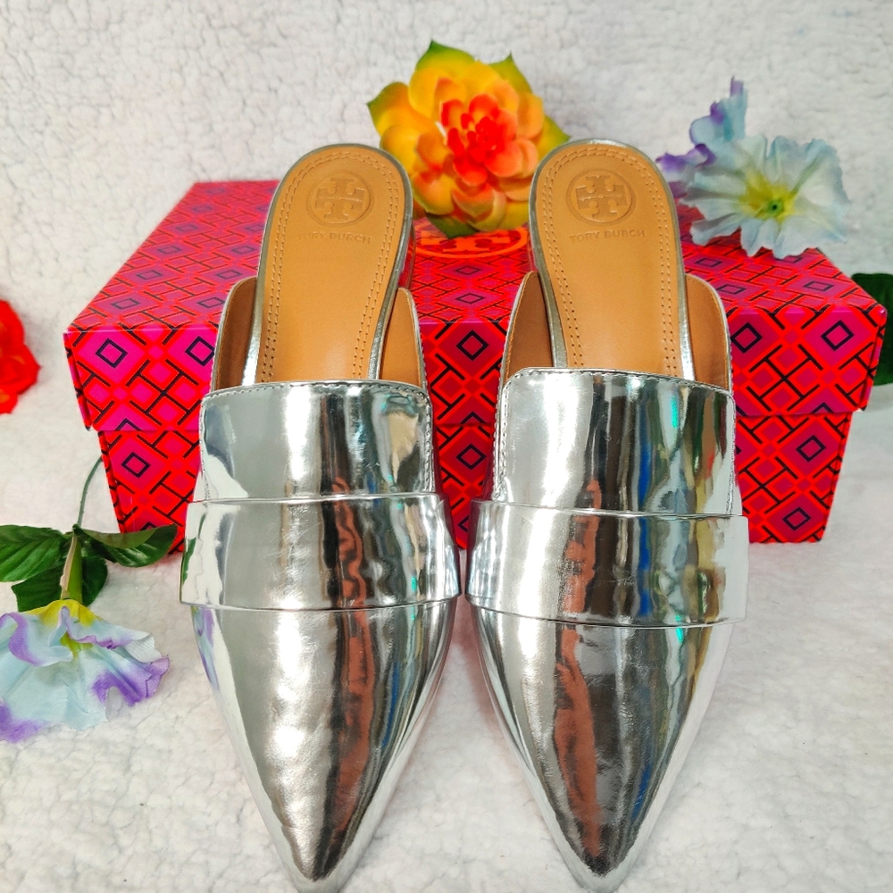 Tory Burch Rosalind Mule Metallic Silver Shoes